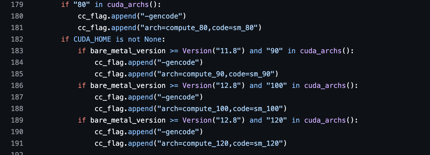 flash-attention's setup.py appending one -gencode pair per architecture