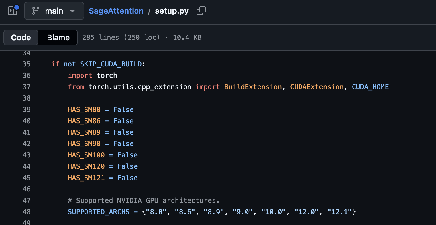 SageAttention's setup.py declaring its supported architecture set